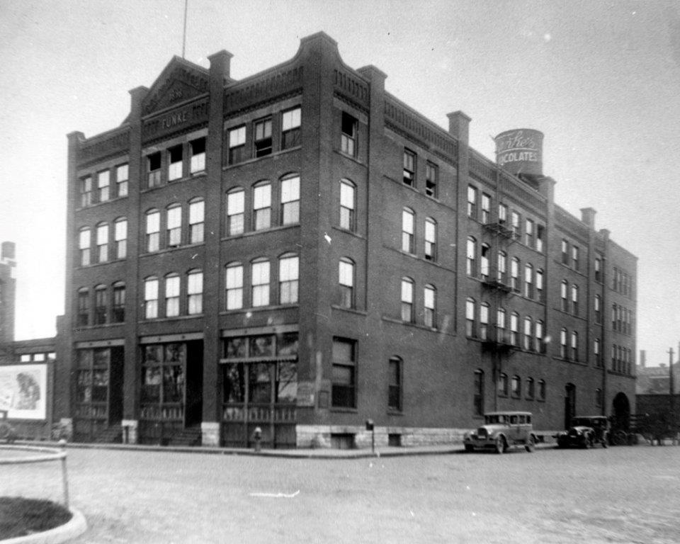 Historical photo of the exterior of the Funke Candy Company 